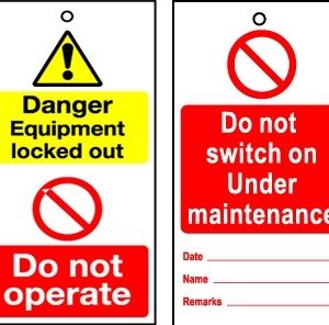 These disposable lockout tags measure 145mm x 80mm and are manufactured from Polybond, a paper like material, which is fully weatherproof, ideal for indoor or outdoor isolations. Printed on both sides, each tag carries a standard "Danger this equipment has been locked out, Do not operate" message on the front, with a red 'Do not switch on. Under Maintenance' on the reverse. Supplied in packs of 100 with ties.
